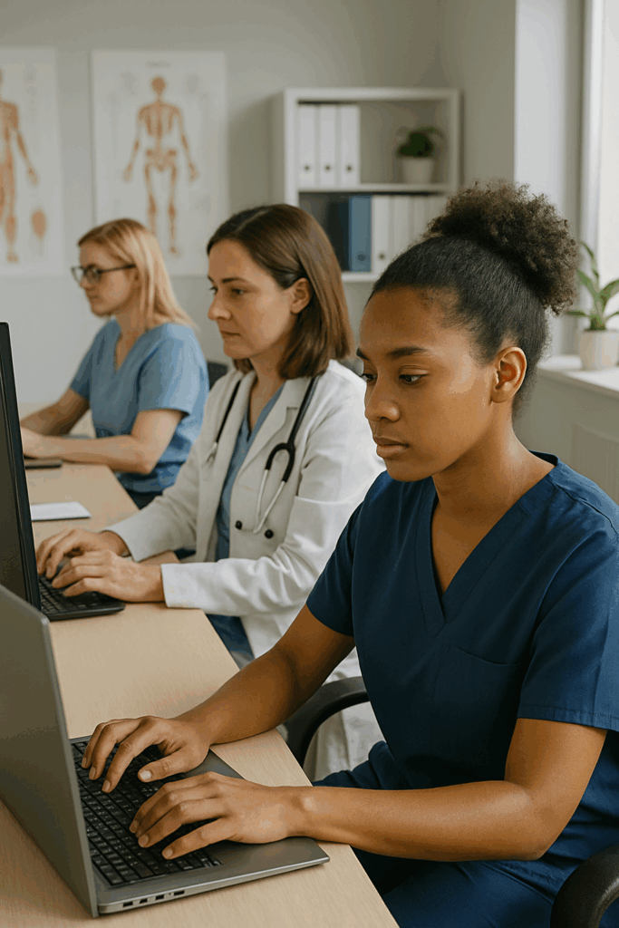 three women in a busy medical office all on their computers