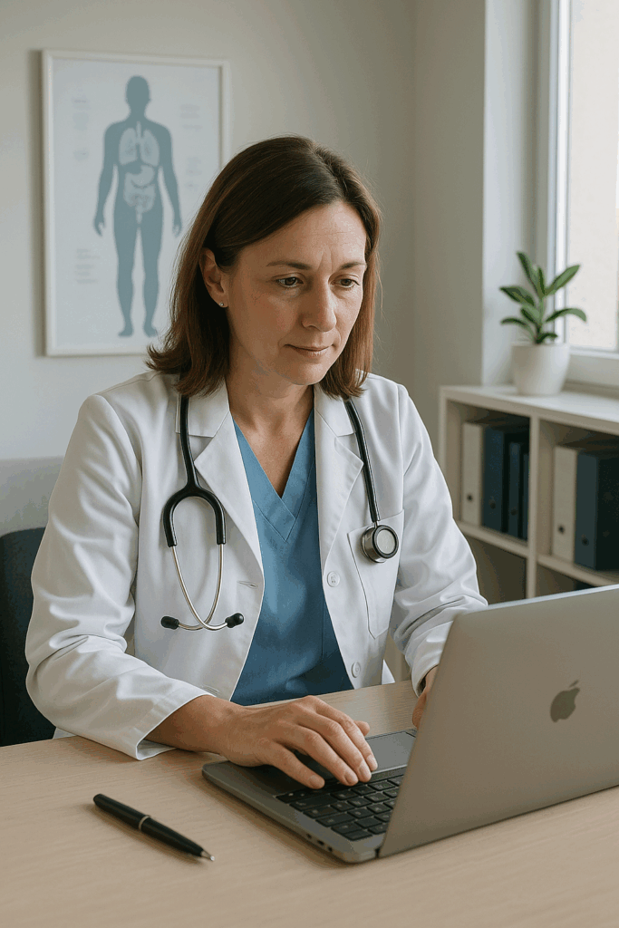 woman in a doctors office on her computer